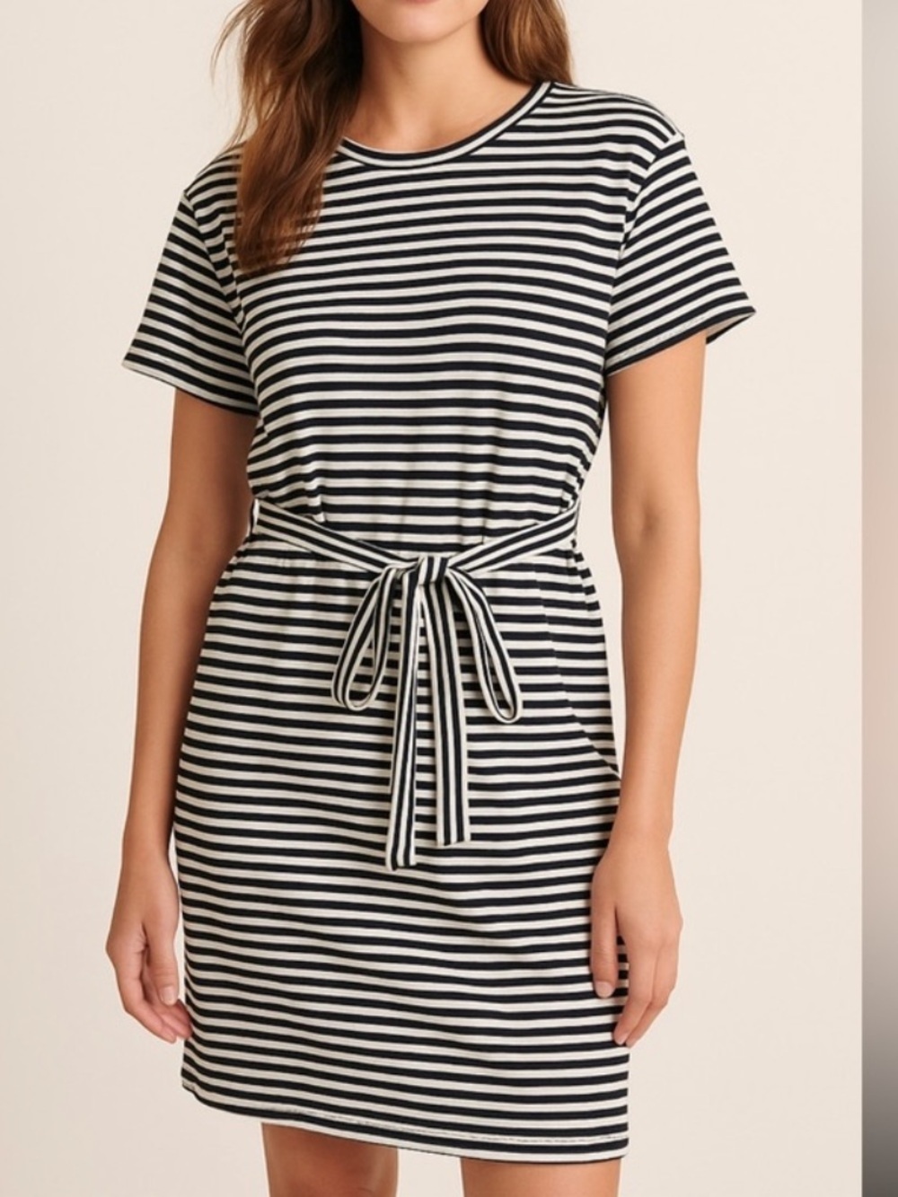 Lucky Brand Striped Shirt Dress Tie Waist Size Small Petite Loose Fit White/Blac - Picture 2 of 12